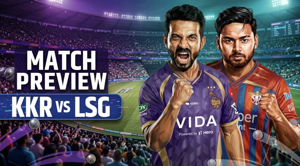 KKR vs LSG Match 15 IPL 2026 battle at Eden Gardens featuring team captains and match details.