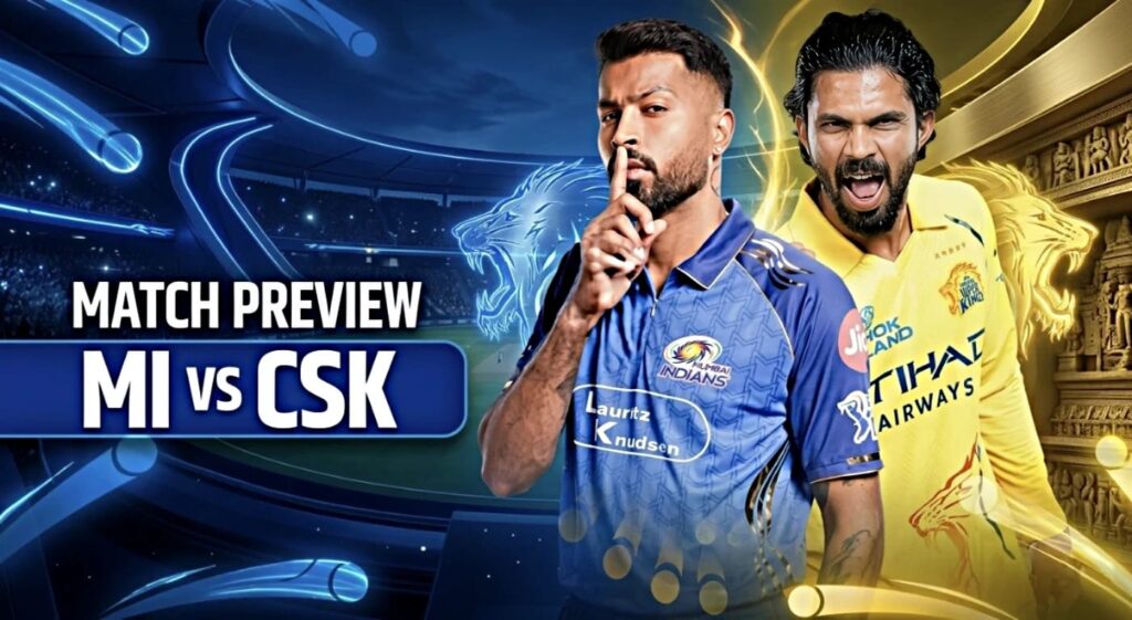 MI vs CSK IPL 2026 match at Wankhede Stadium featuring Tilak Varma and Ruturaj Gaikwad.