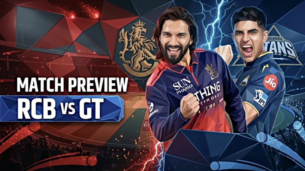RCB vs GT IPL 2026 match at Chinnaswamy Stadium featuring Virat Kohli and Shubman Gill.