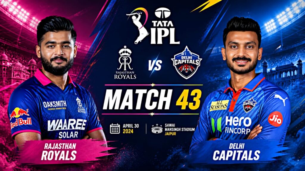 Rajasthan Royals captain Riyan Parag playing a fluent stroke during his 90-run innings against Delhi Capitals in the RR vs DC IPL 2026 match at Jaipur.