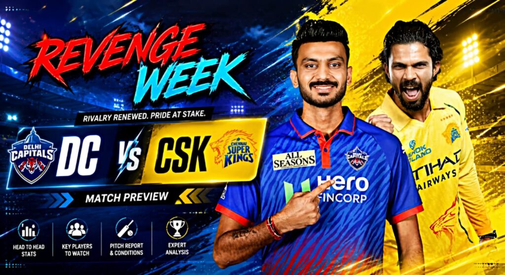 Sameer Rizvi hitting a powerful six against Chennai Super Kings in the DC vs CSK IPL 2026 match.