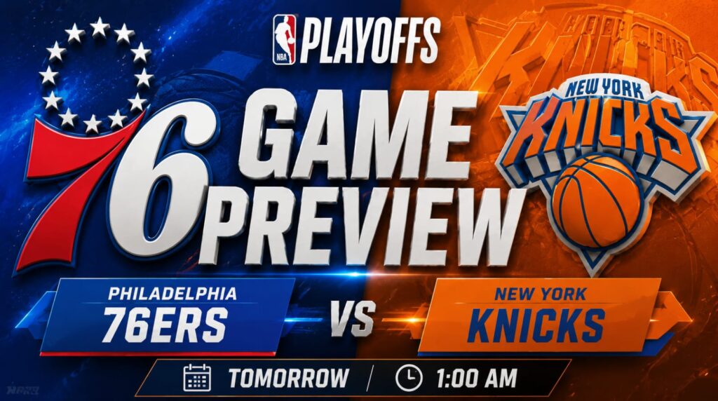 Official Google search results showing the 76ers vs Knicks Game 4 schedule, with the New York Knicks leading the Eastern Conference Semifinals 3-0.