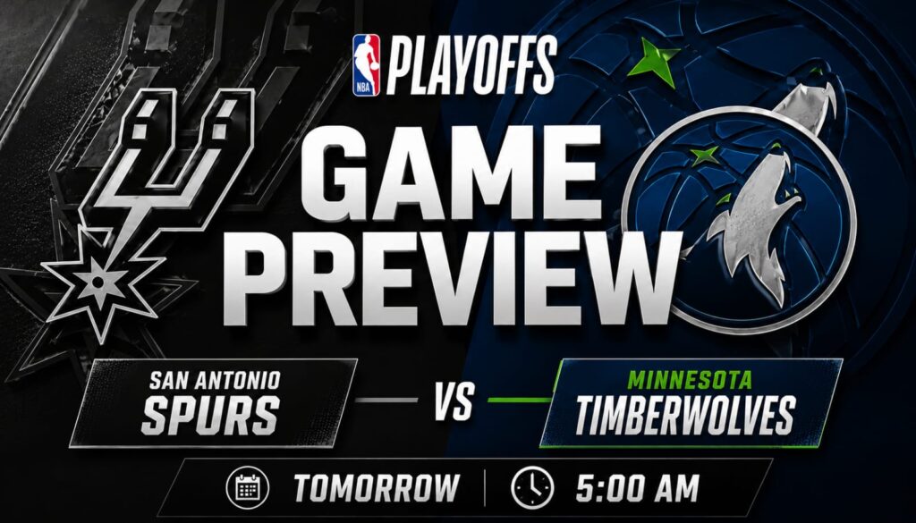 Official game preview graphic for the Timberwolves vs Spurs Game 4, scheduled for tomorrow at 5:00 AM, with the Spurs leading 2-1.