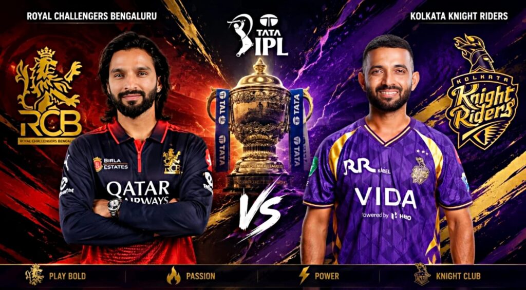 KKR batsman Angkrish Raghuvanshi playing a powerful shot during his heroic 71-run knock in the RCB vs KKR IPL 2026 match at Raipur.