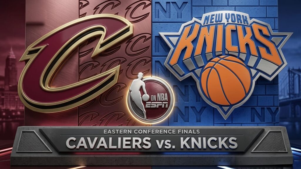 3D live broadcast graphic for the Eastern Conference Finals featuring the highly anticipated Cavaliers vs Knicks matchup.