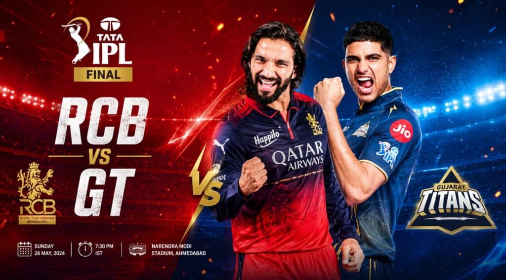 Royal Challengers Bengaluru and Gujarat Titans players facing each other during the high-stakes RCB vs GT IPL 2026 Final match at the Narendra Modi Stadium in Ahmedabad.