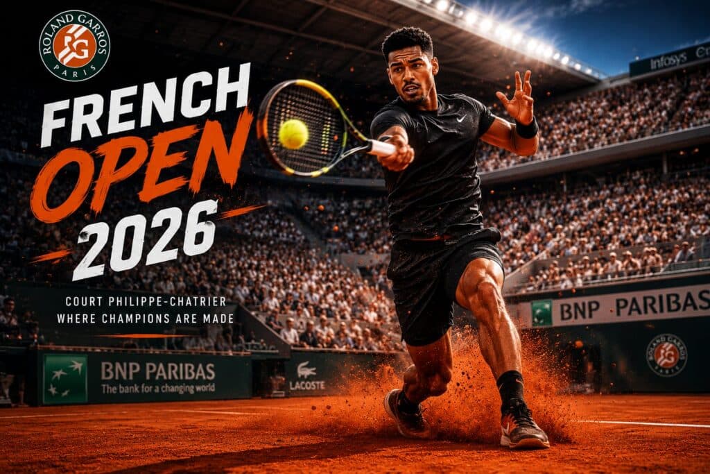 Jakub Mensik hitting a powerful forehand on a red clay court during the French Open 2026 quarter-finals match against Joao Fonseca.