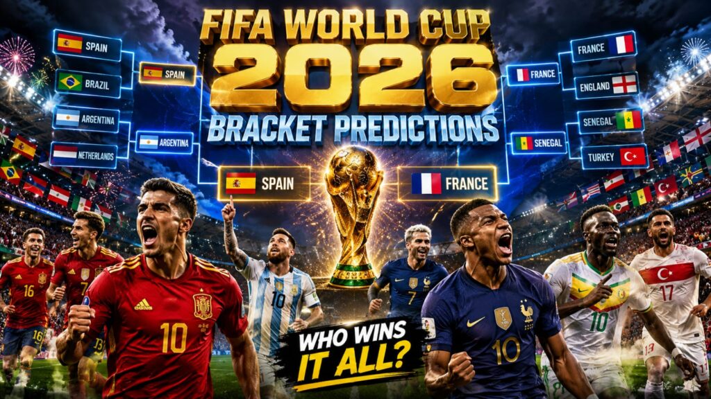 Graphic illustration mapping out the complete knockout bracket for the FIFA World Cup 2026 predictions from the group stages to the final.