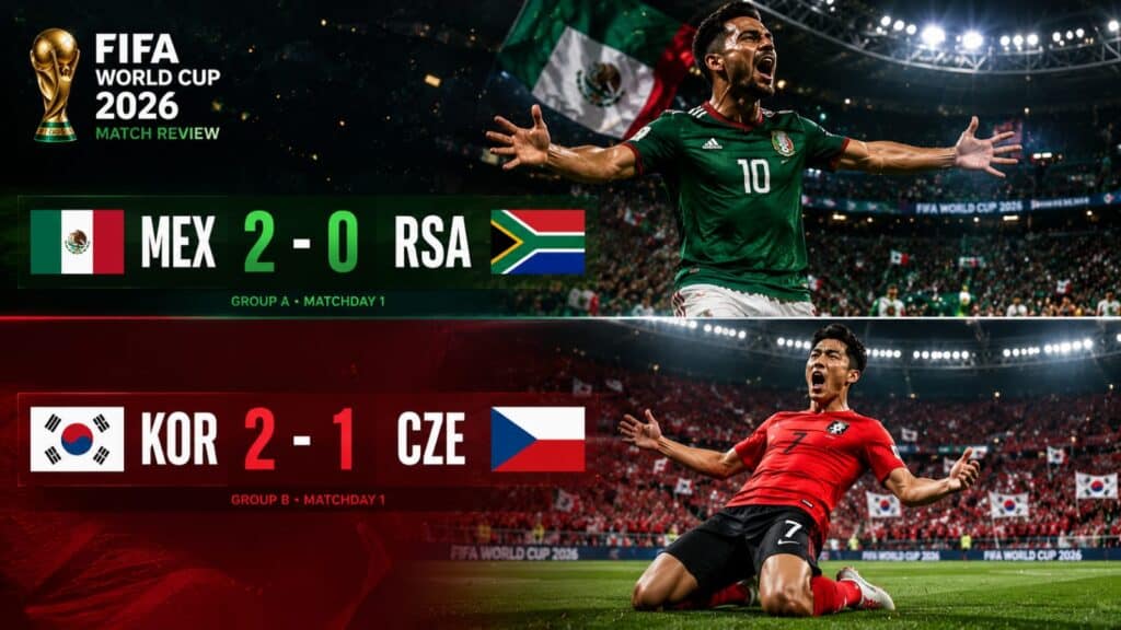 Official Google search overview showing the live FIFA World Cup 2026 opening match results for Mexico and South Korea.