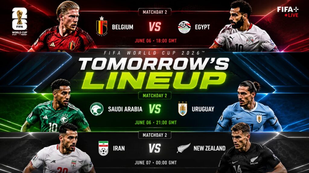 Mobile tracking screen named 3428.jpg showing the full fixture grid and kickoff timings for the FIFA World Cup 2026 tomorrow matches.