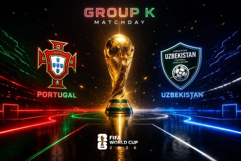 Mobile screen interface named 1000017686.jpg showing the official starting lineups and live kickoff details for the Portugal vs Uzbekistan World Cup 2026 match.